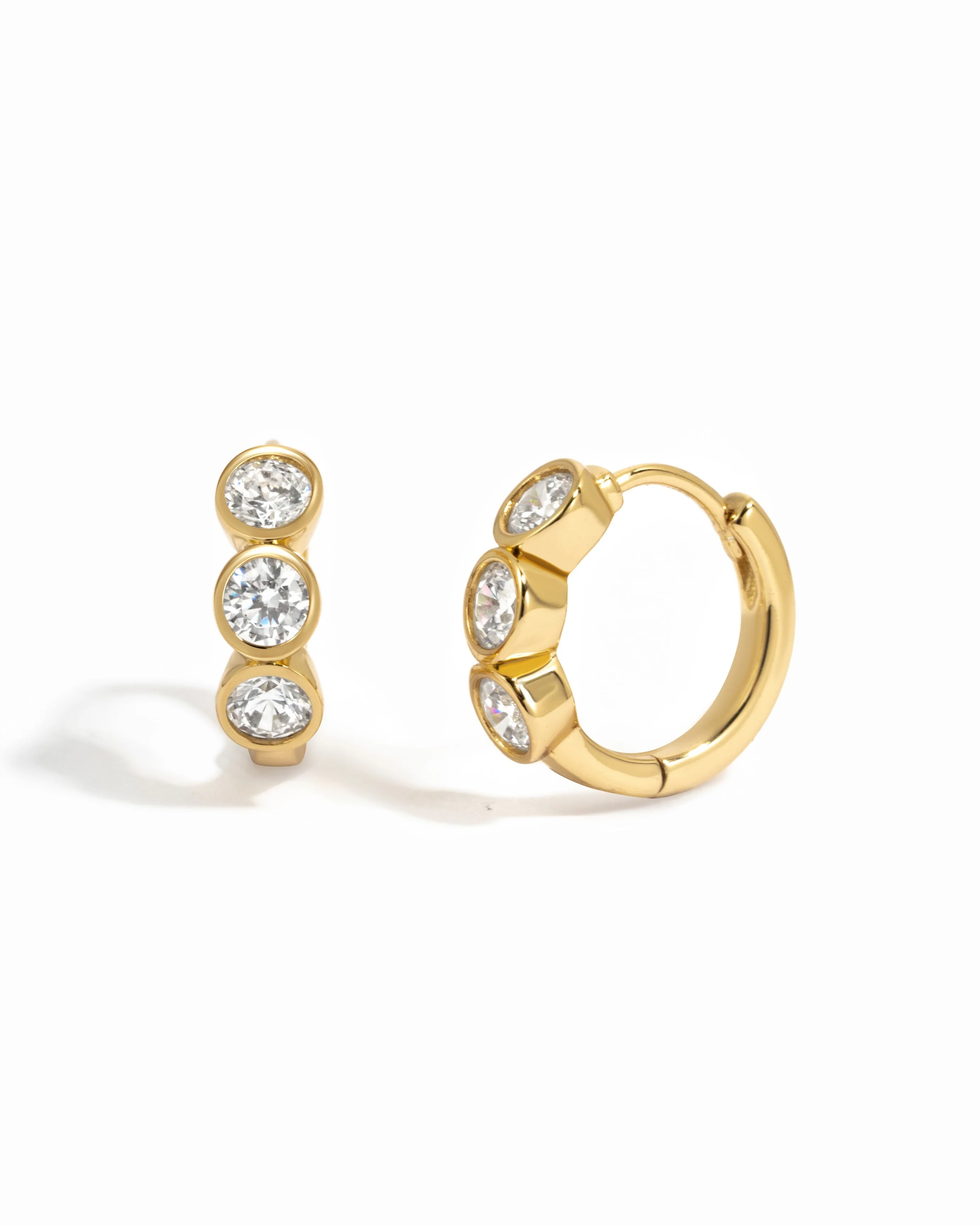 Bezel 3 Stone Huggie Hoop Earrings