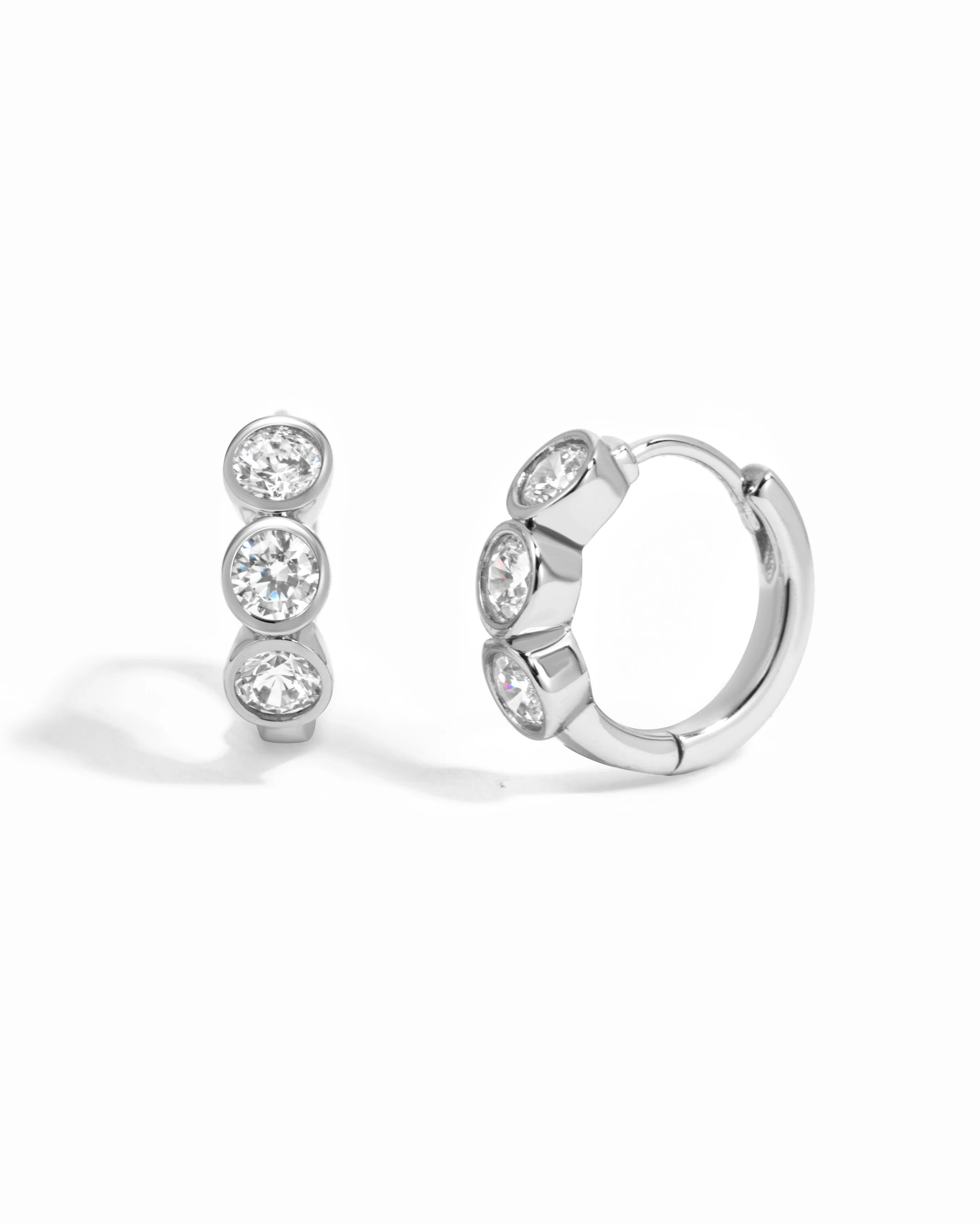 Bezel 3 Stone Huggie Hoop Earrings - Image 10