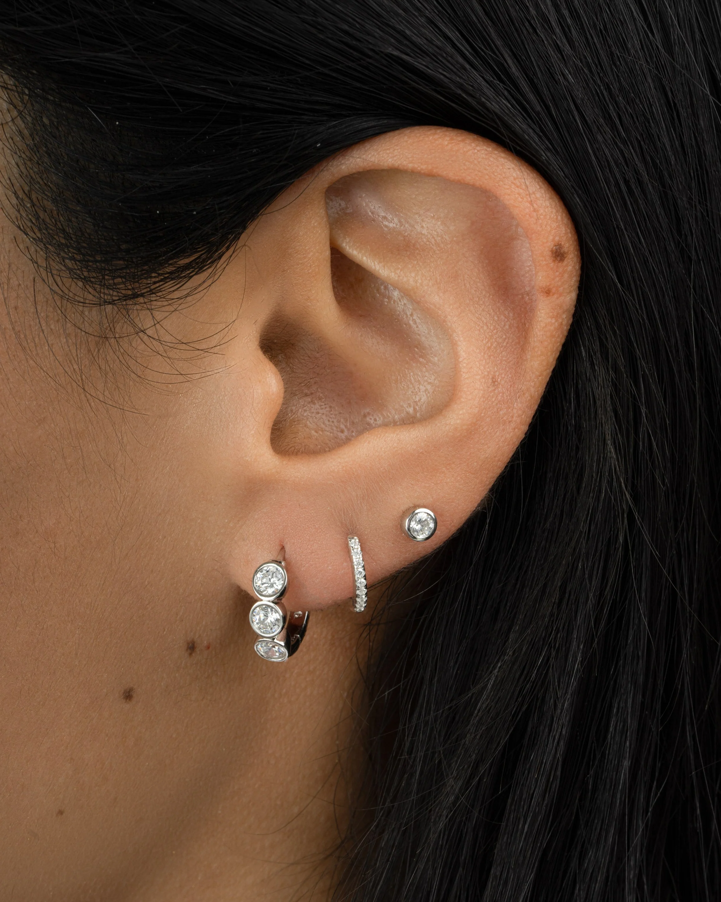 Bezel 3 Stone Huggie Hoop Earrings - Image 4