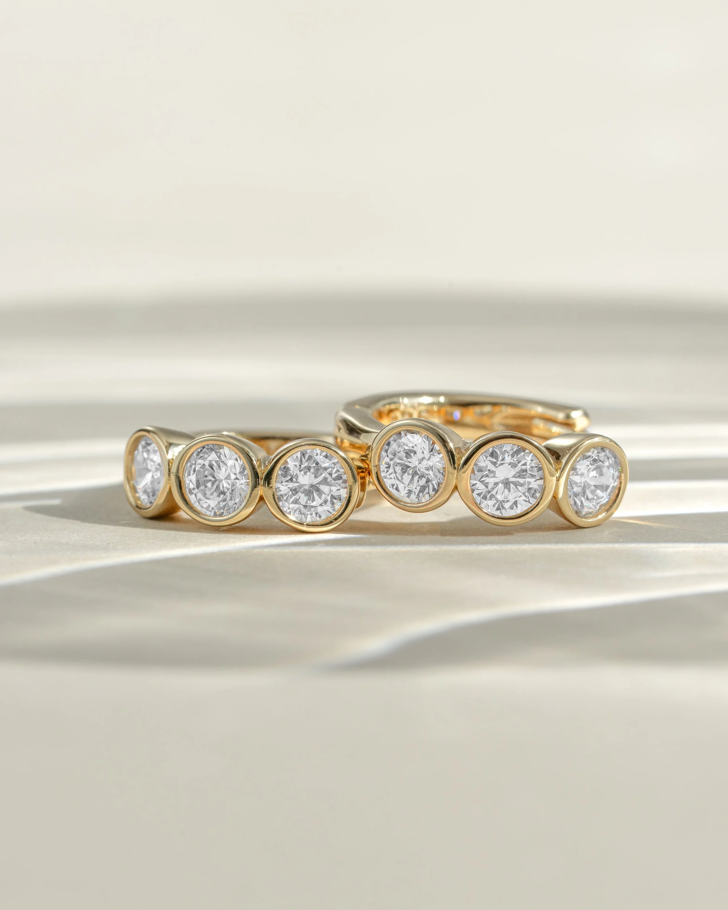 Bezel 3 Stone Huggie Hoop Earrings - Image 5