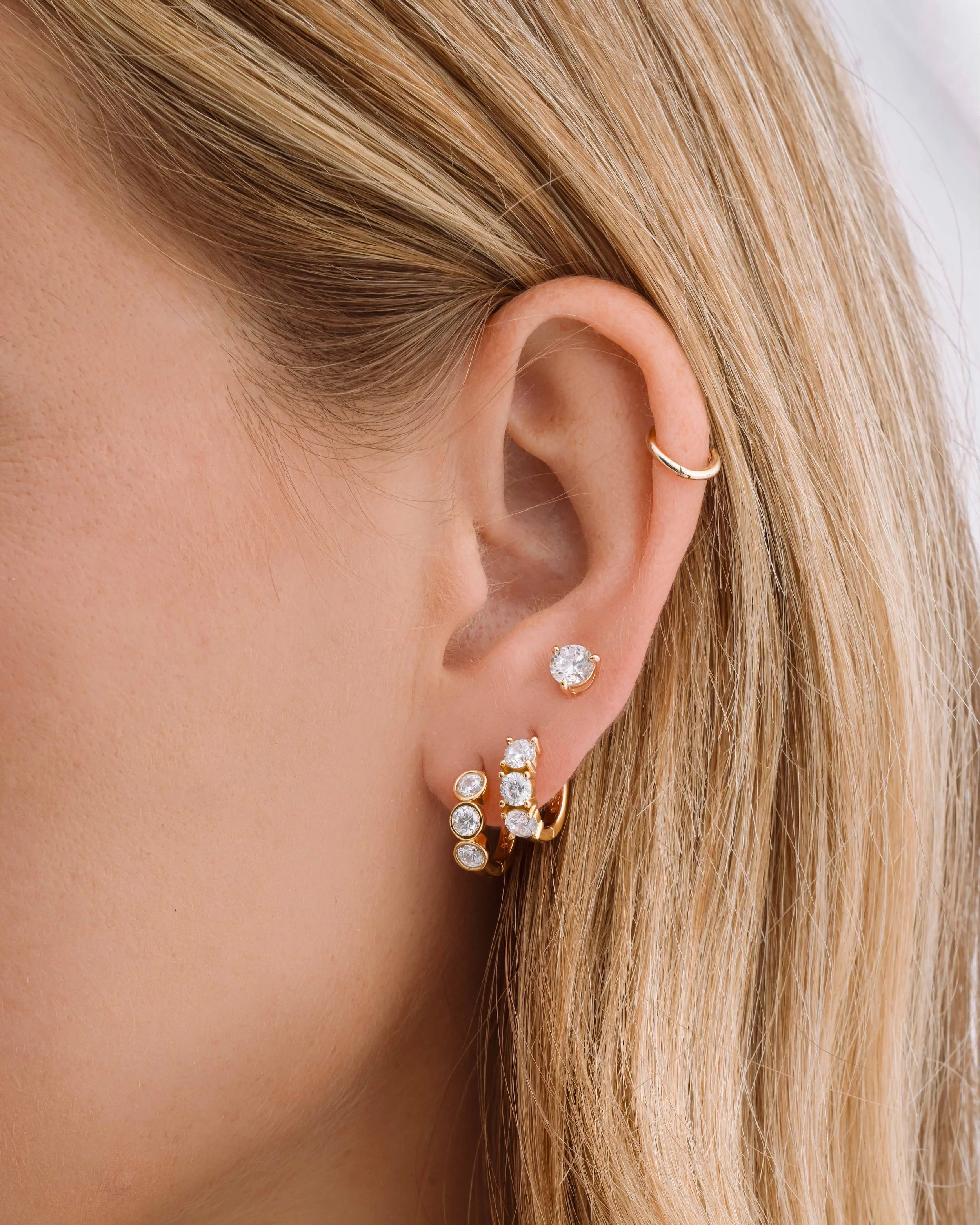 Bezel 3 Stone Huggie Hoop Earrings - Image 6