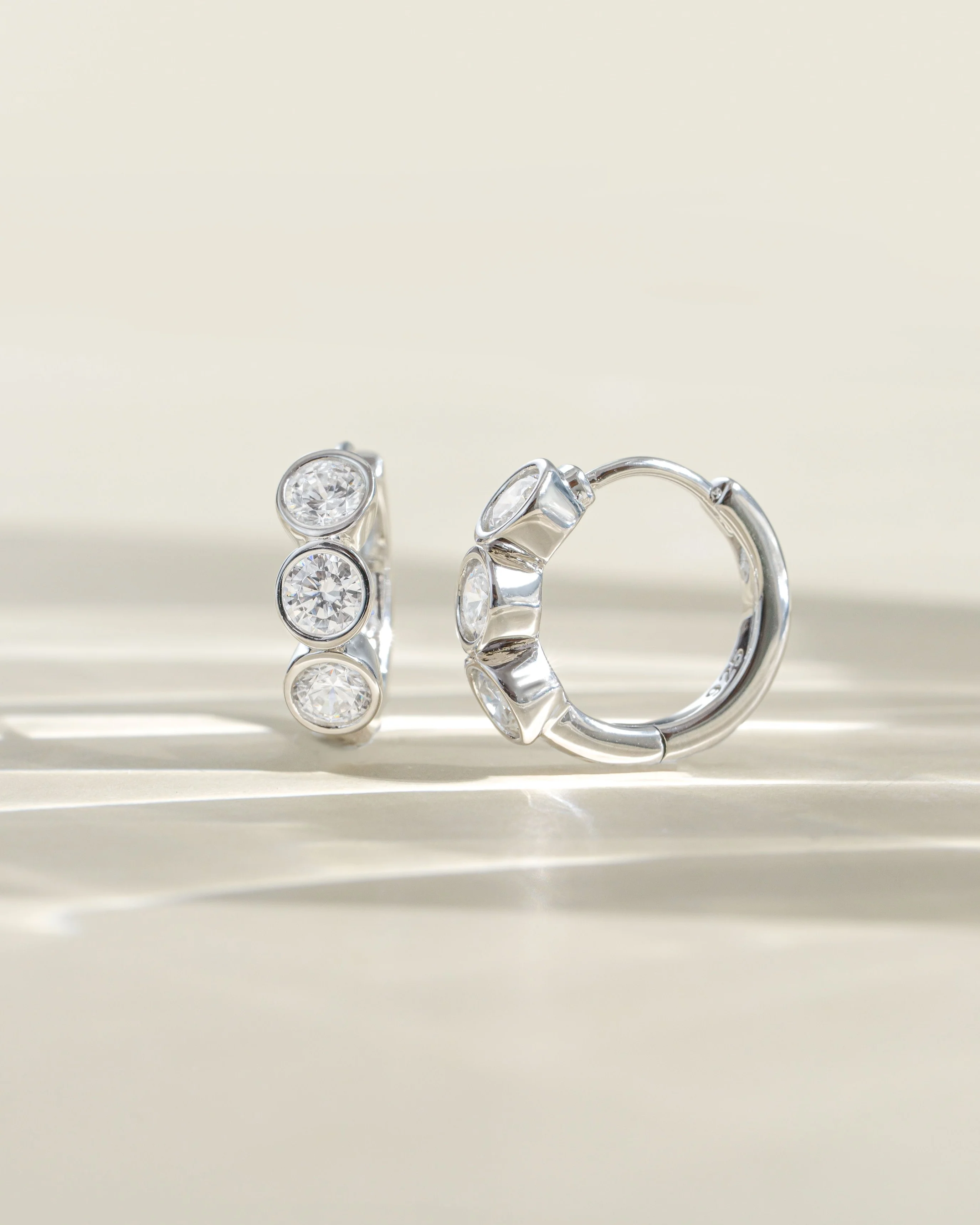 Bezel 3 Stone Huggie Hoop Earrings - Image 7