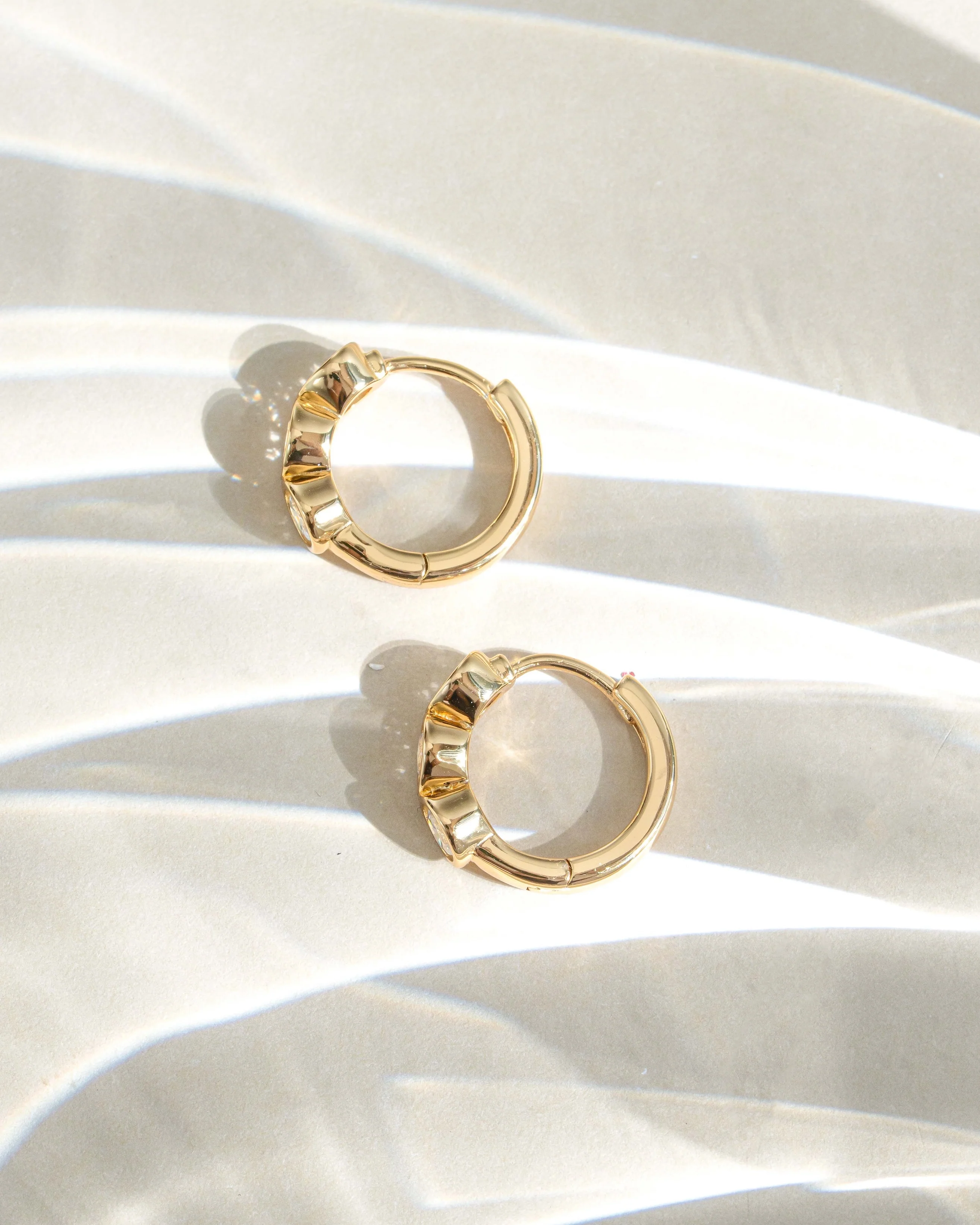 Bezel 3 Stone Huggie Hoop Earrings - Image 9