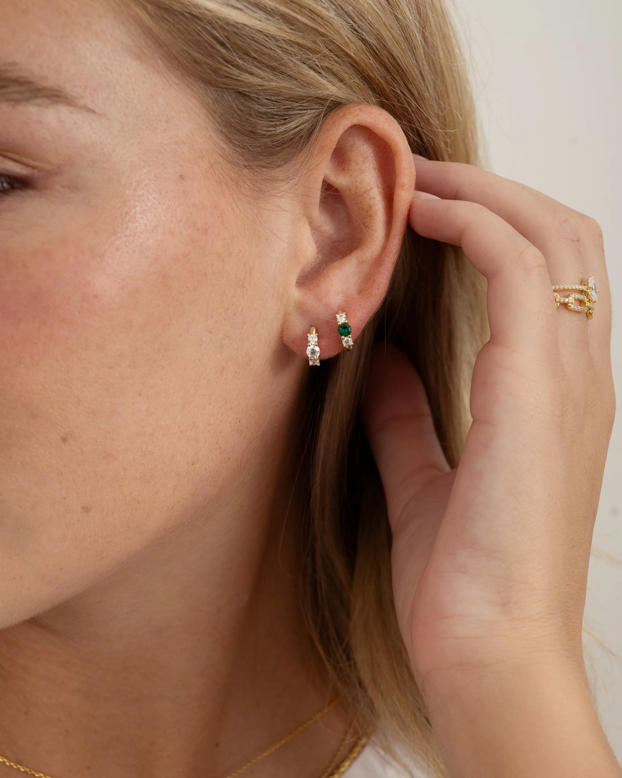 Emerald Three Stone Huggie Hoops - Image 2