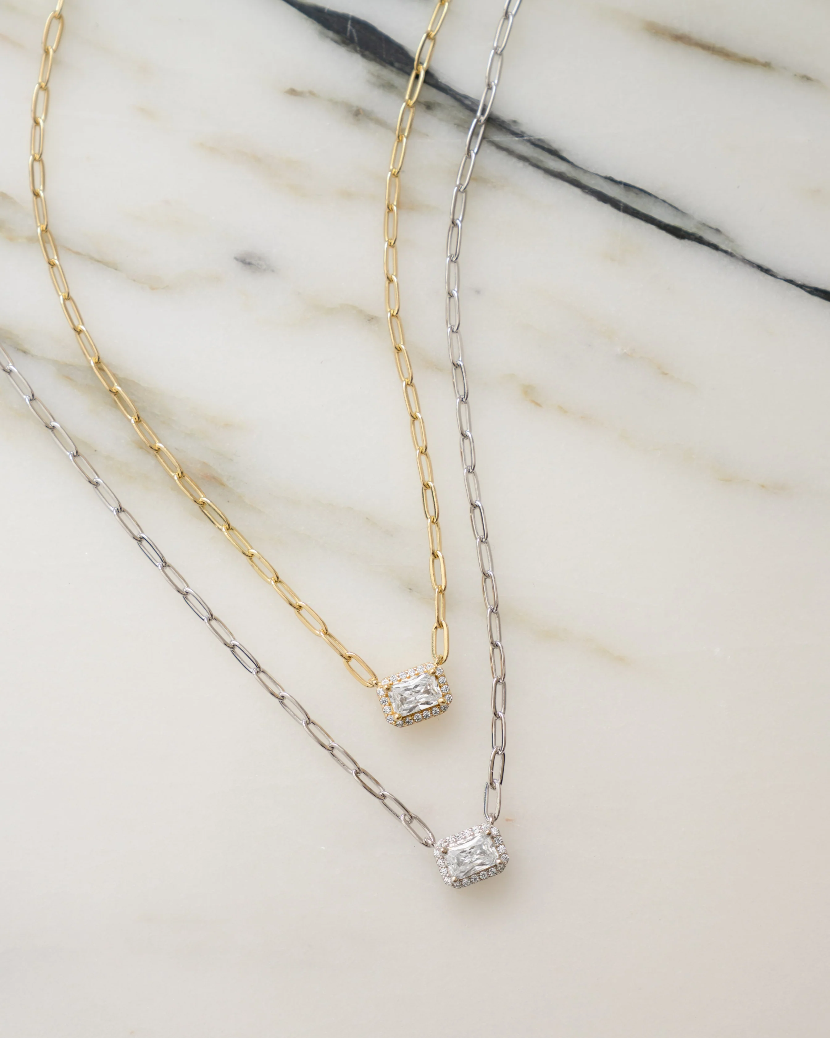 Halo Baguette Necklace w/ Paperclip Chain - Image 3