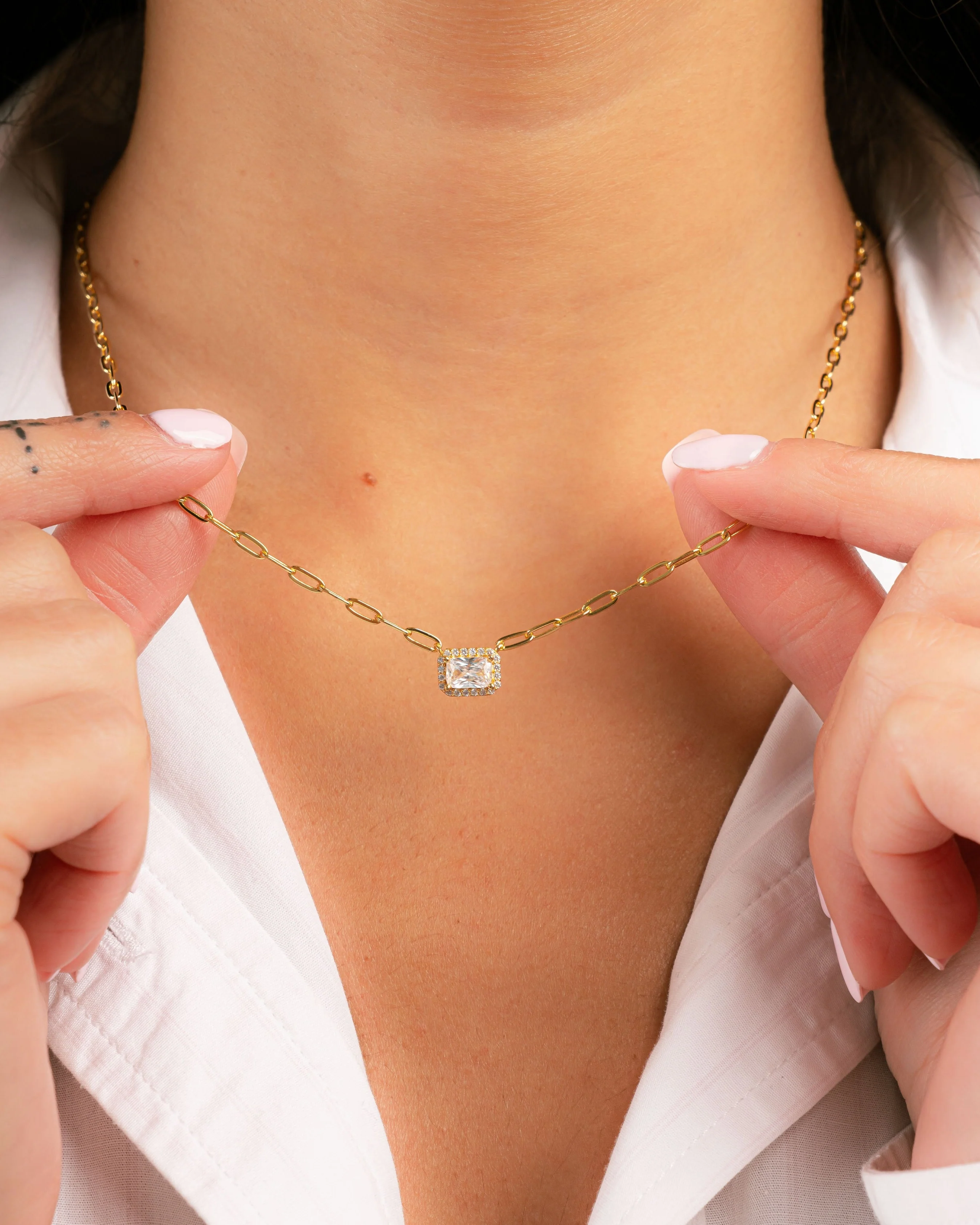 Halo Baguette Necklace w/ Paperclip Chain - Image 4