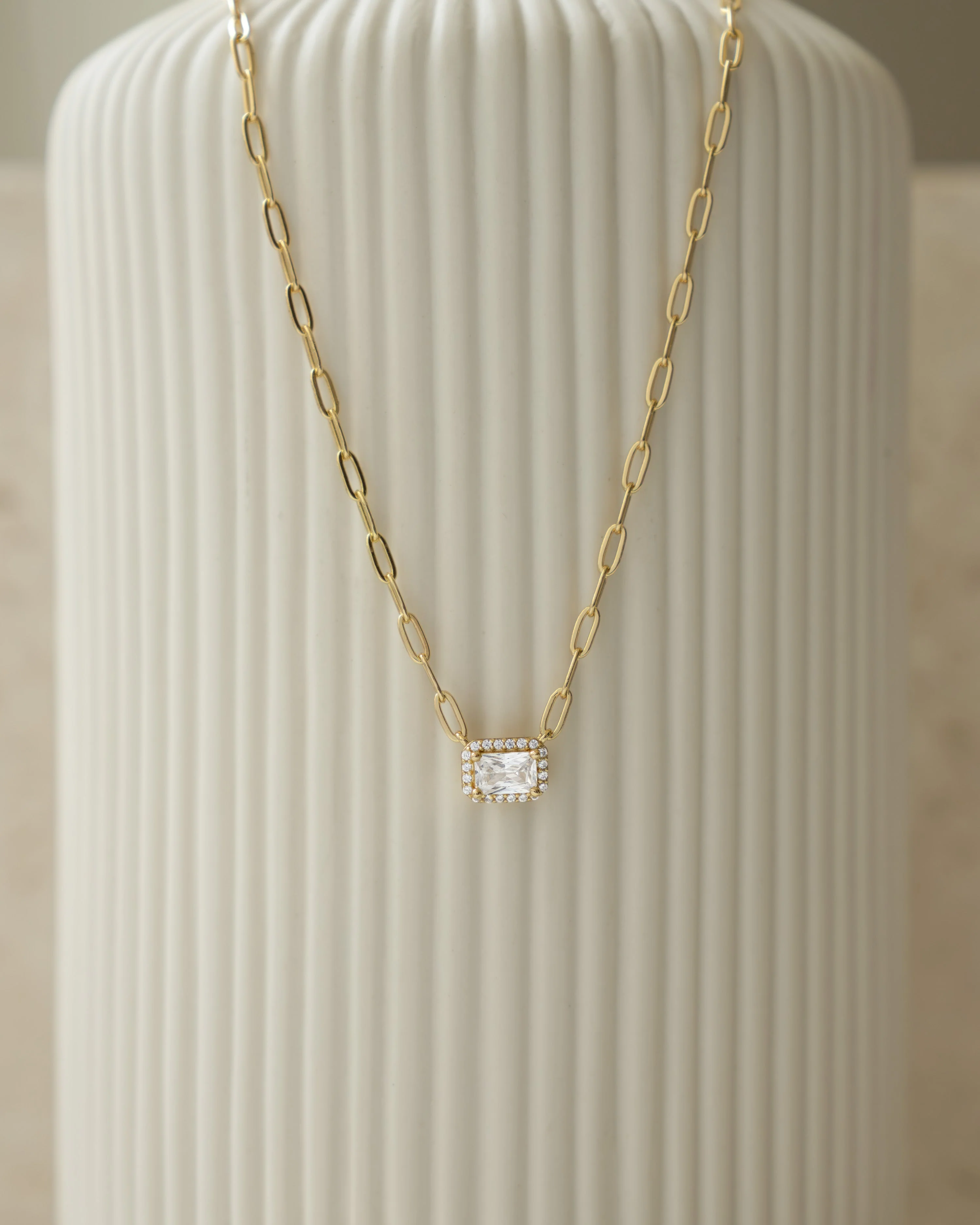 Halo Baguette Necklace w/ Paperclip Chain - Image 5