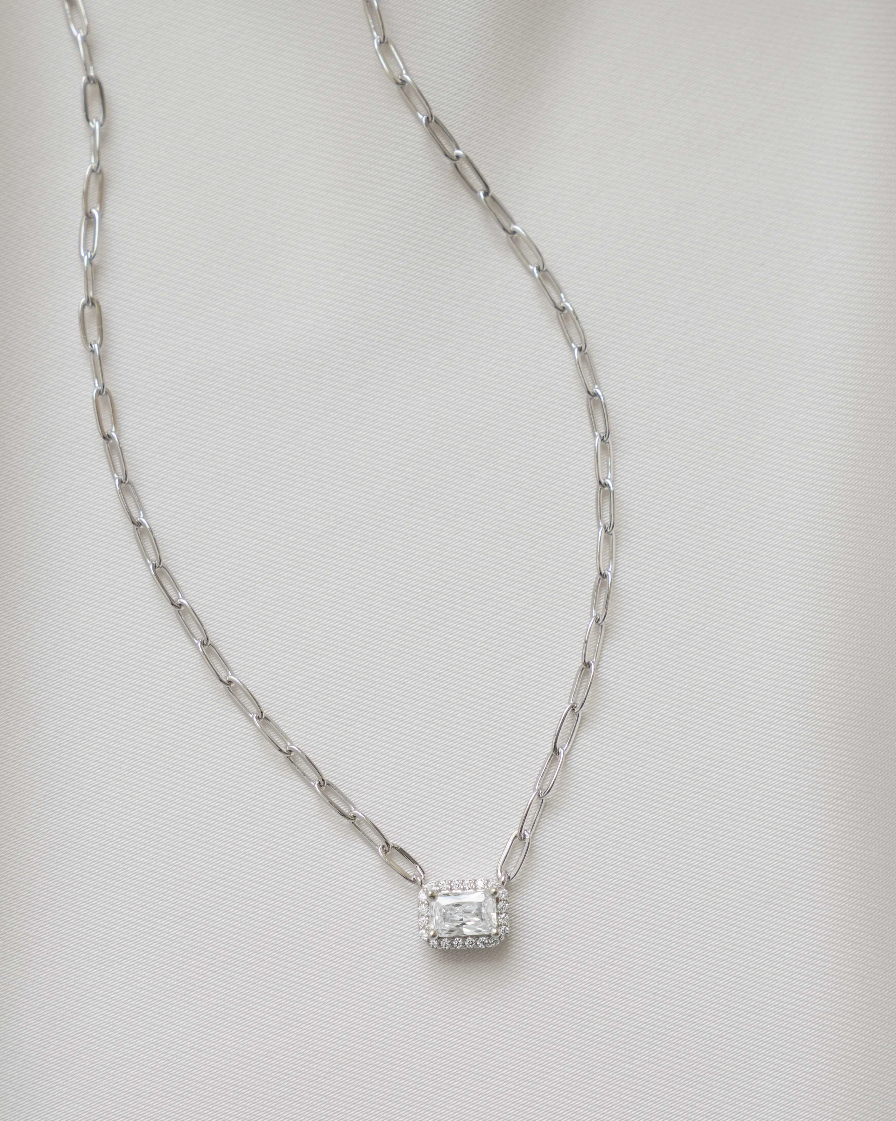 Halo Baguette Necklace w/ Paperclip Chain - Image 7