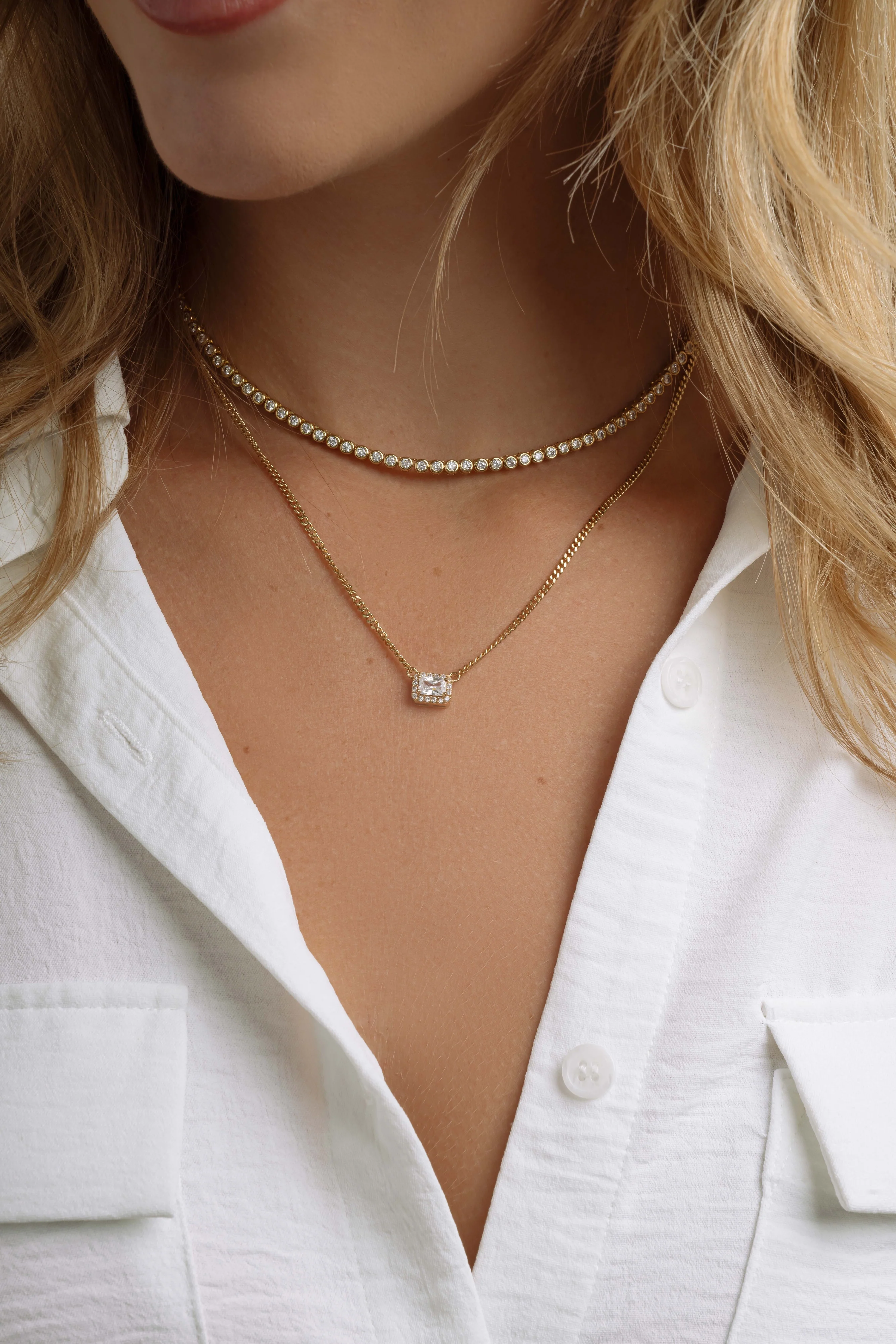 Halo Emerald Cut Necklace on Cuban Chain - Image 11