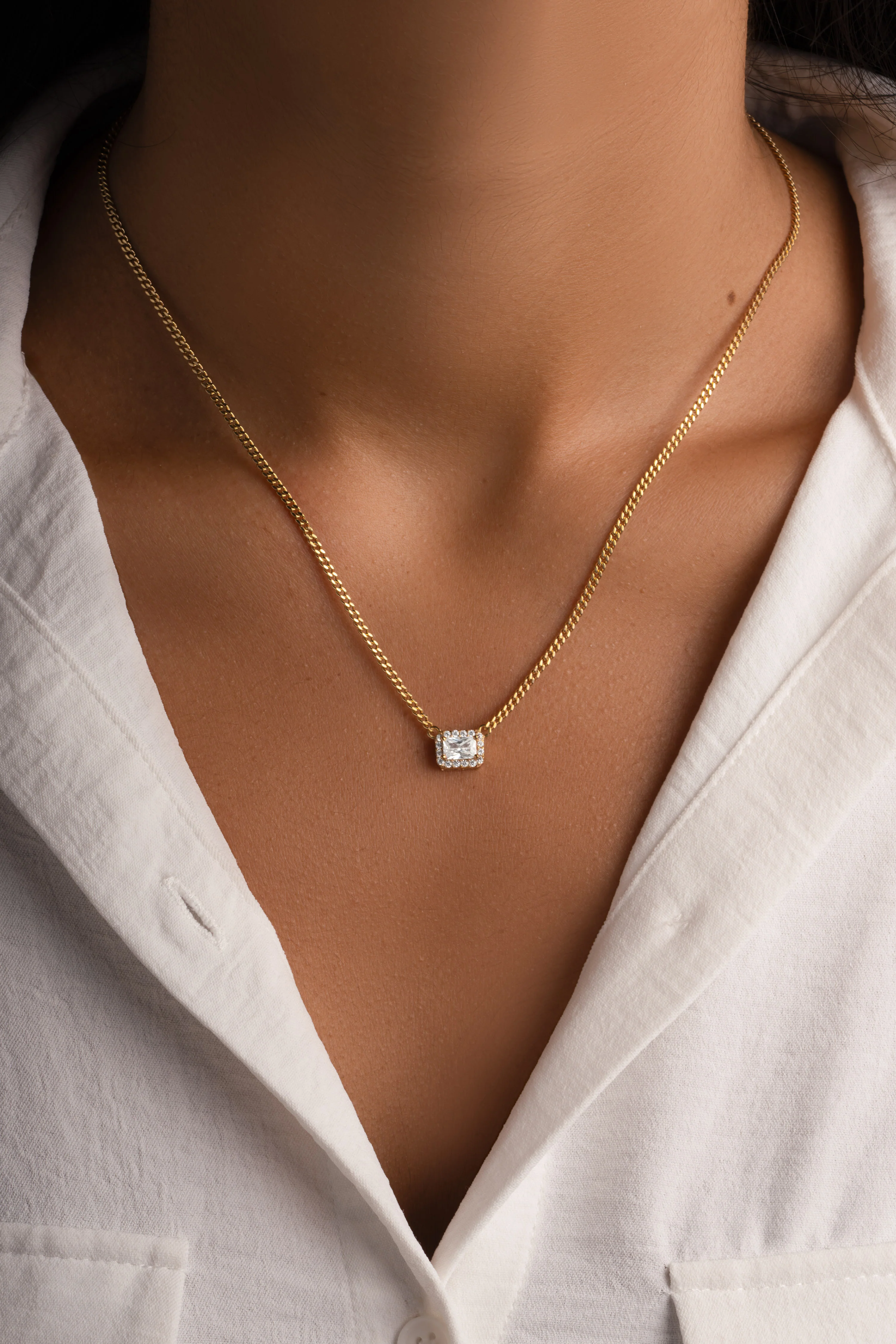 Halo Emerald Cut Necklace on Cuban Chain - Image 2