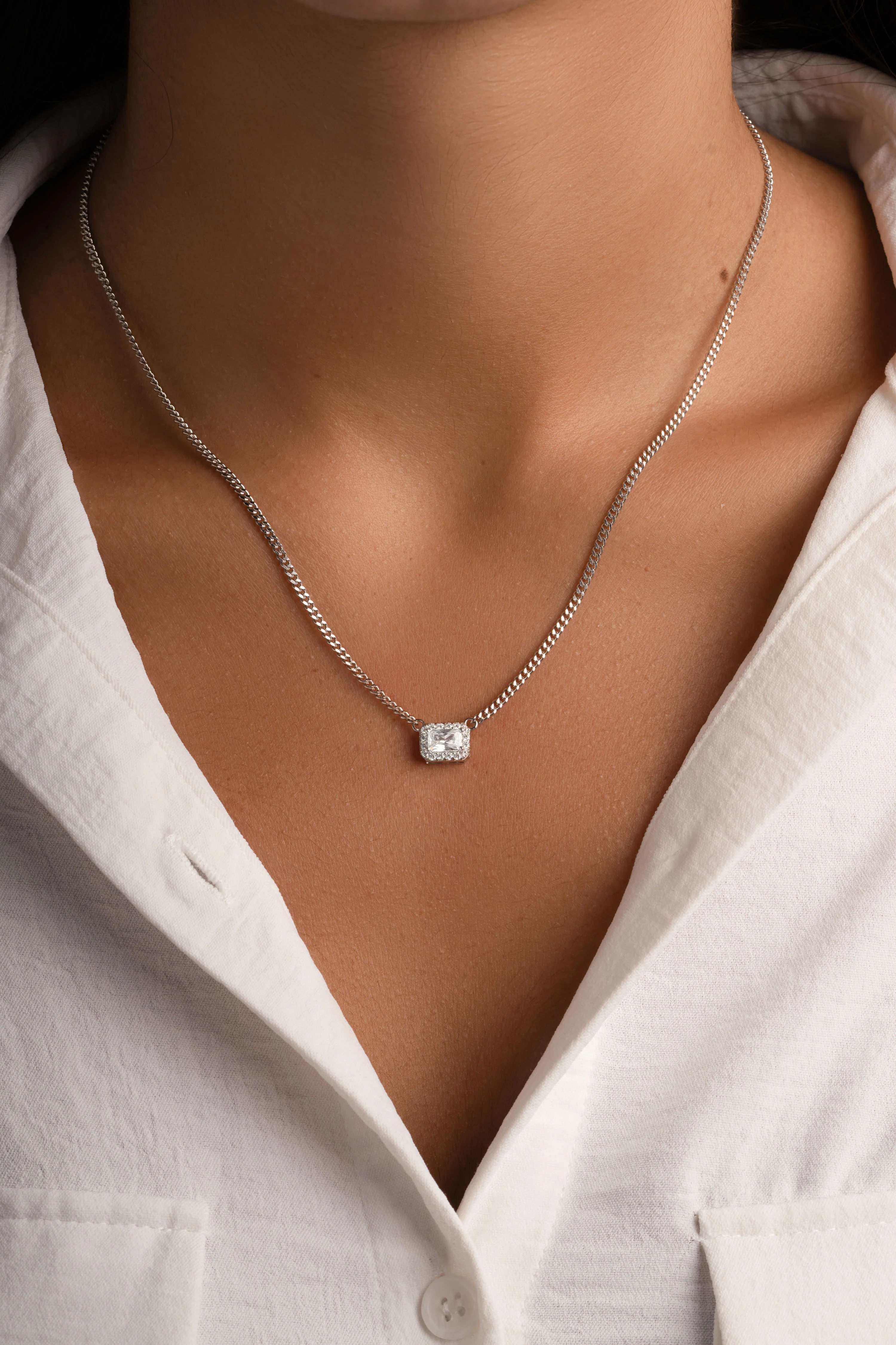 Halo Emerald Cut Necklace on Cuban Chain - Image 4