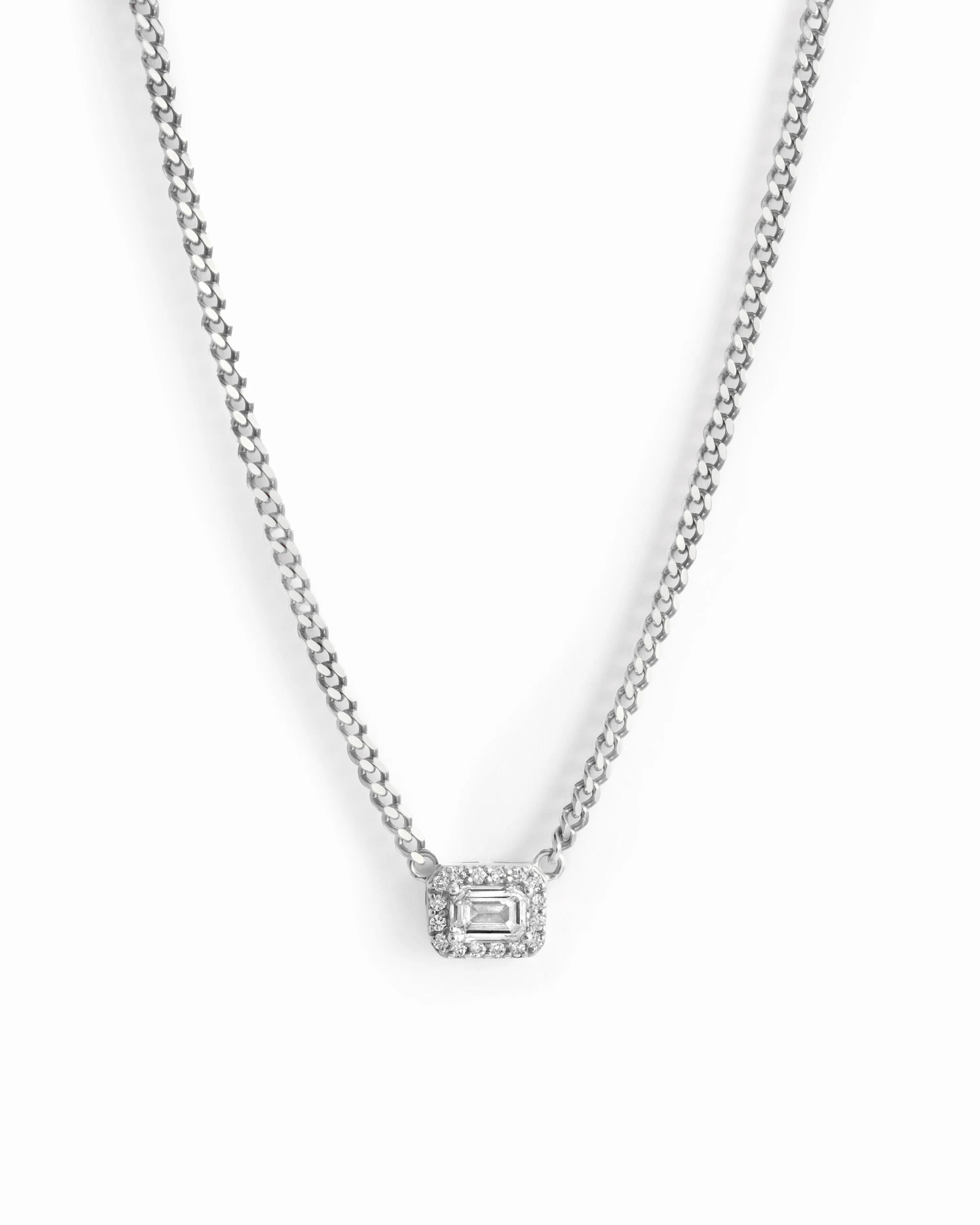 Halo Emerald Cut Necklace on Cuban Chain - Image 9