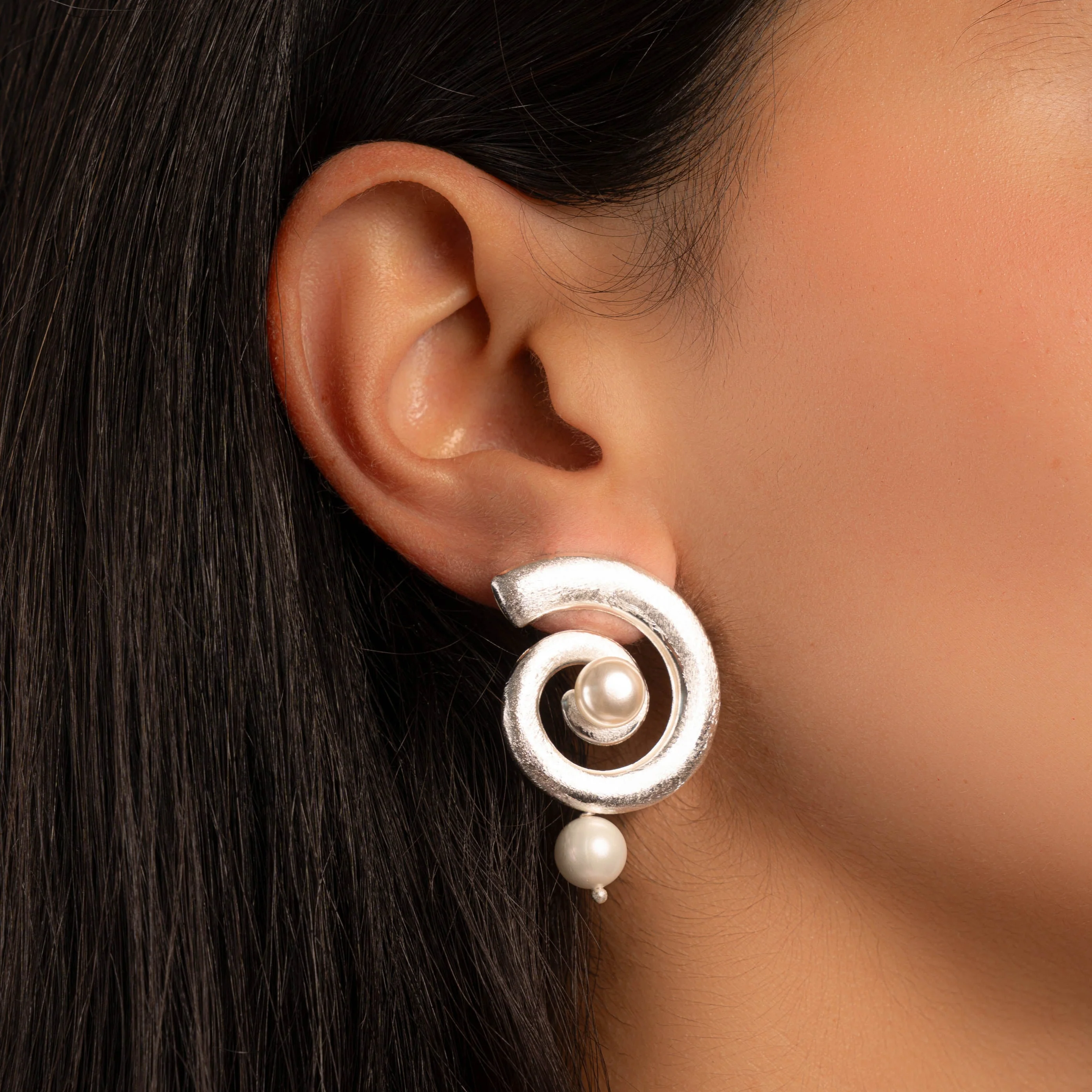 Open Spiral Pearl Earrings w/ Charm - Image 2