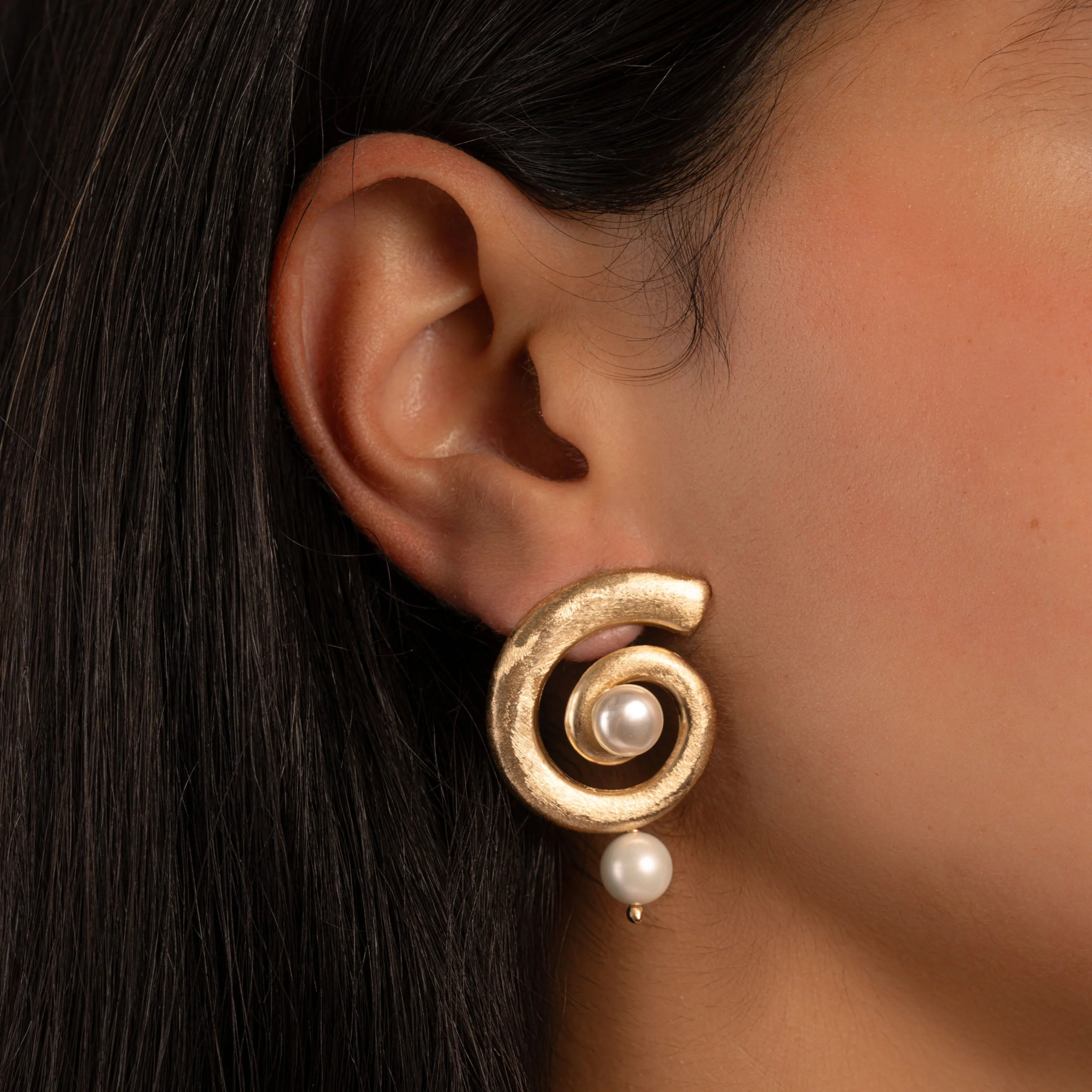 Open Spiral Pearl Earrings w/ Charm - Image 4