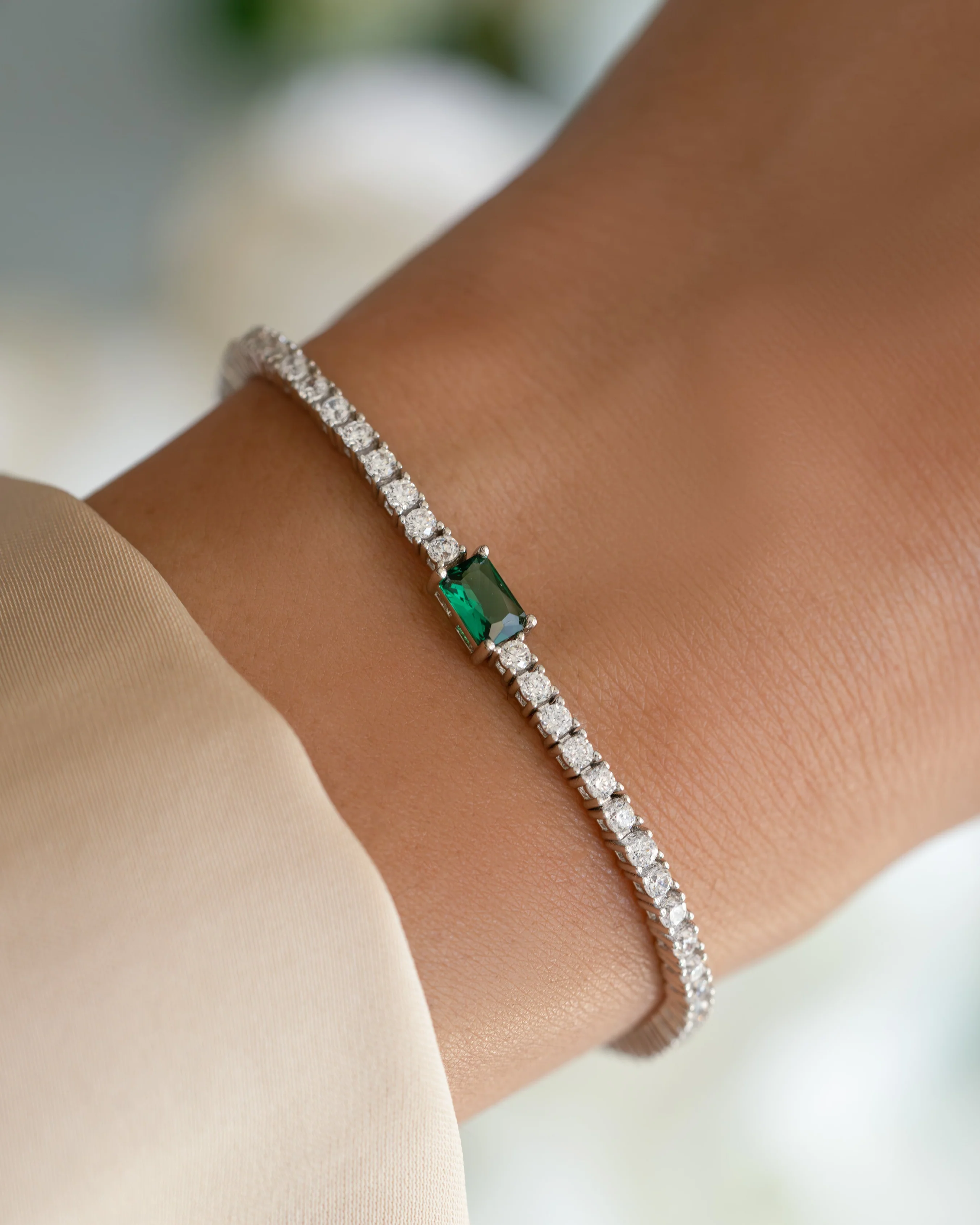 Tennis Bracelet with Emerald Baguette Charm - Image 4