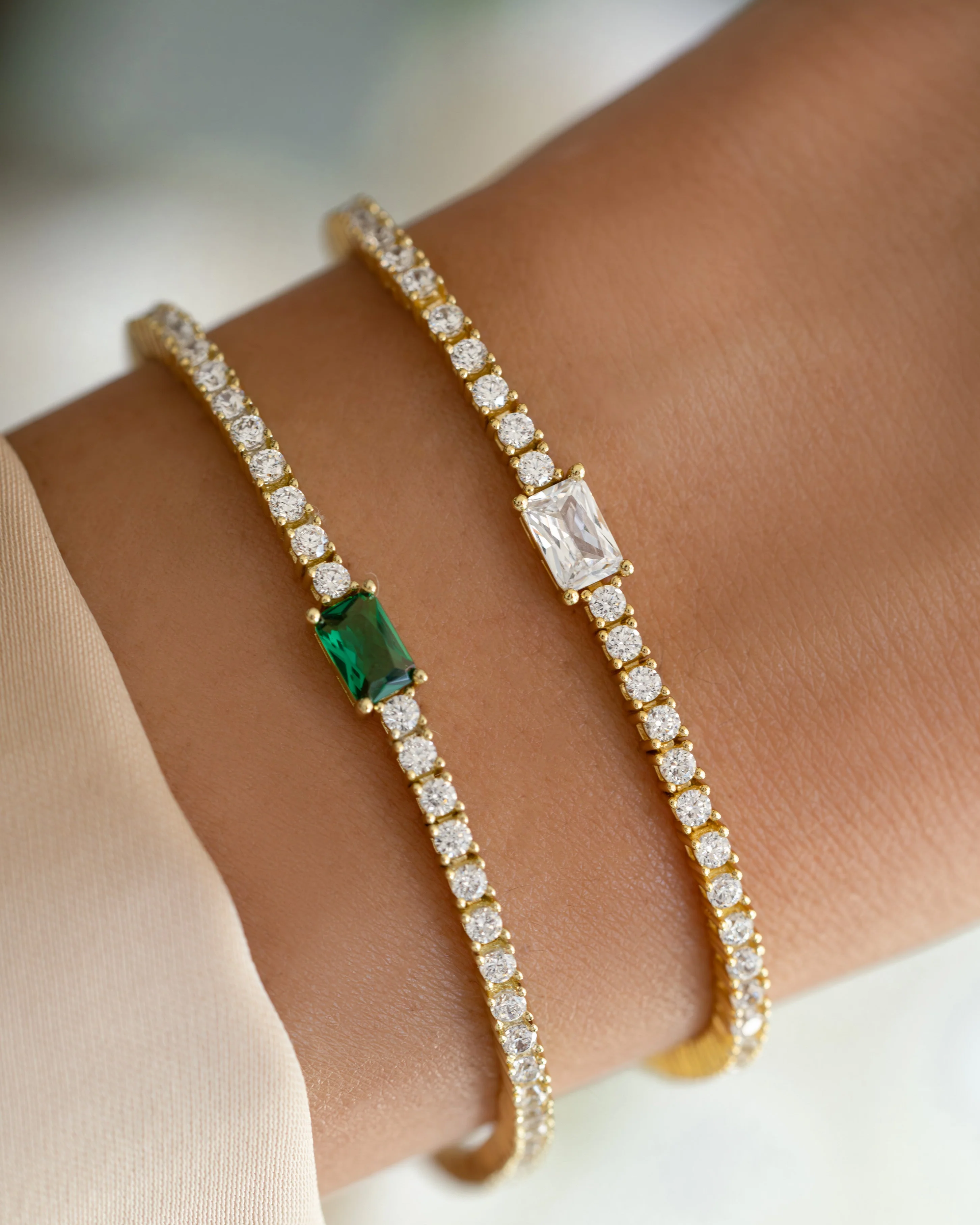Tennis Bracelet with Emerald Baguette Charm - Image 6