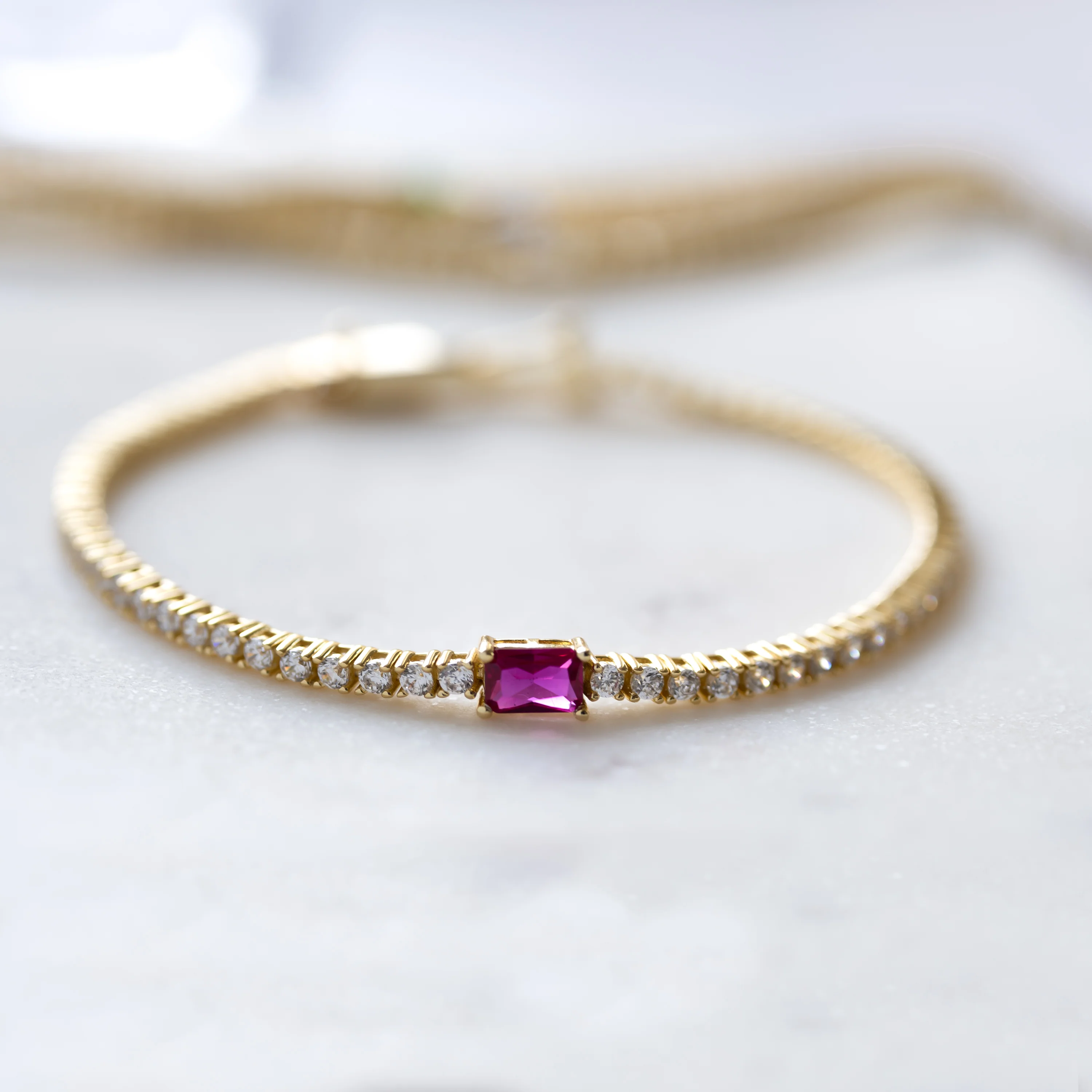 Tennis Bracelet with Ruby Baguette Charm - Image 3