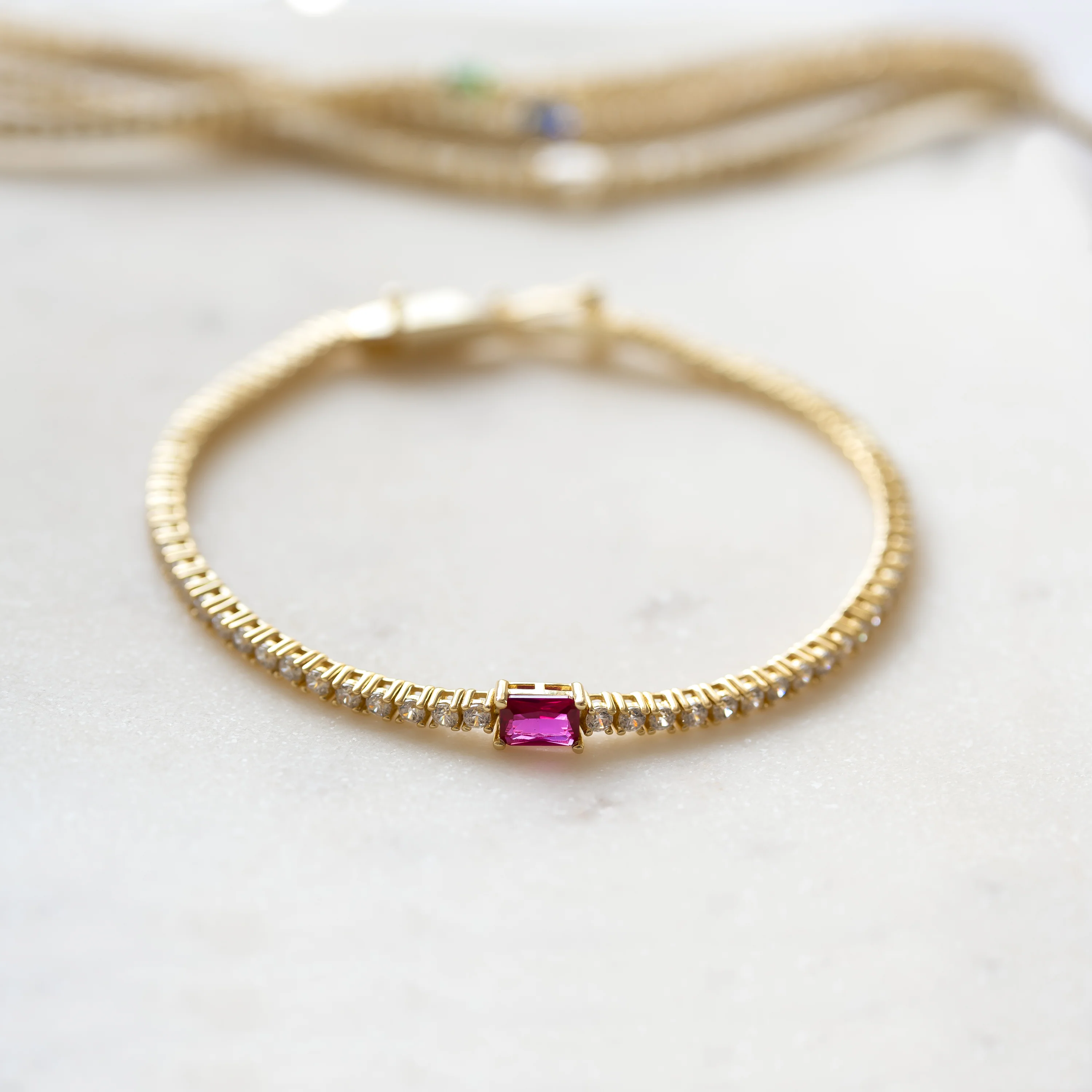 Tennis Bracelet with Ruby Baguette Charm - Image 5
