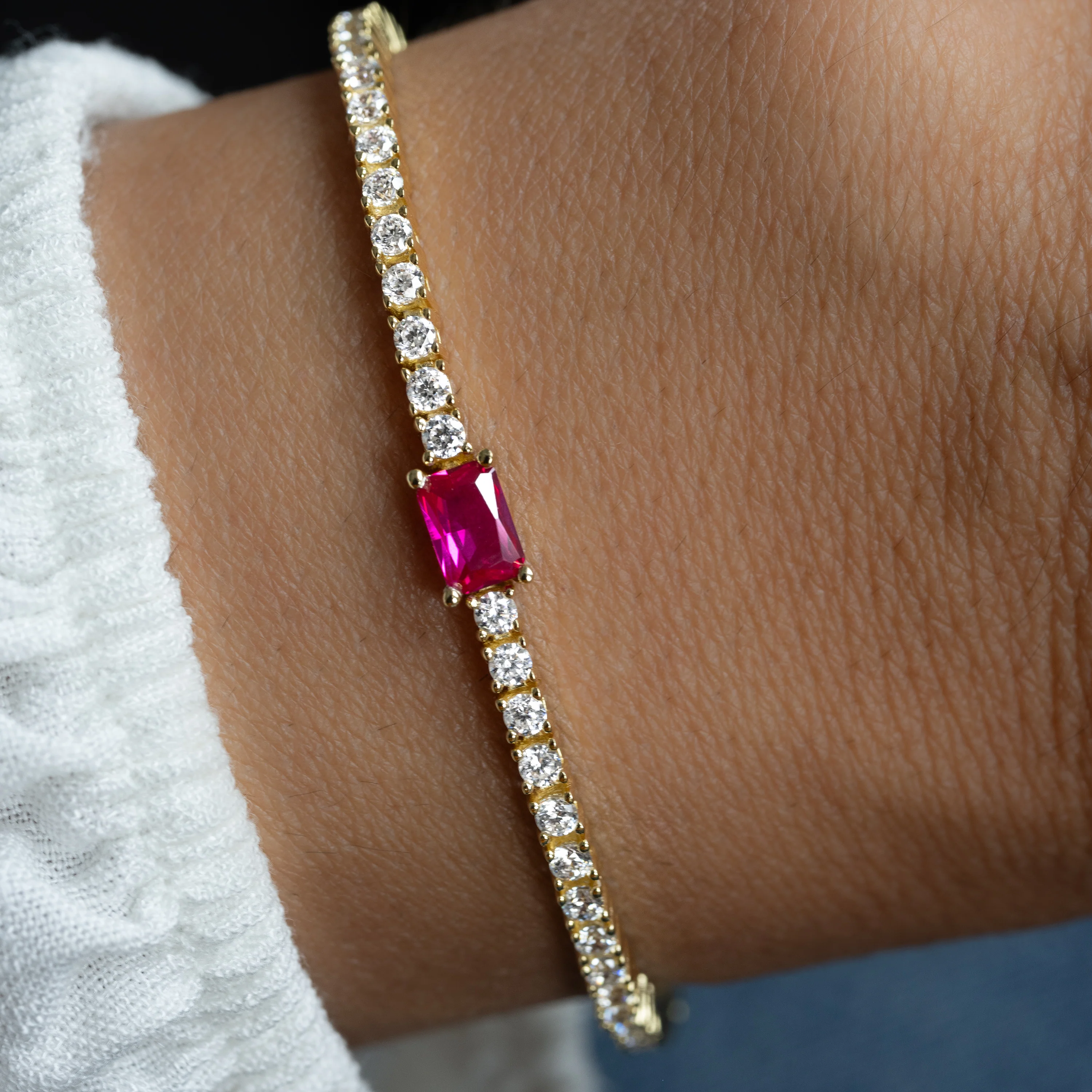 Tennis Bracelet with Ruby Baguette Charm - Image 6