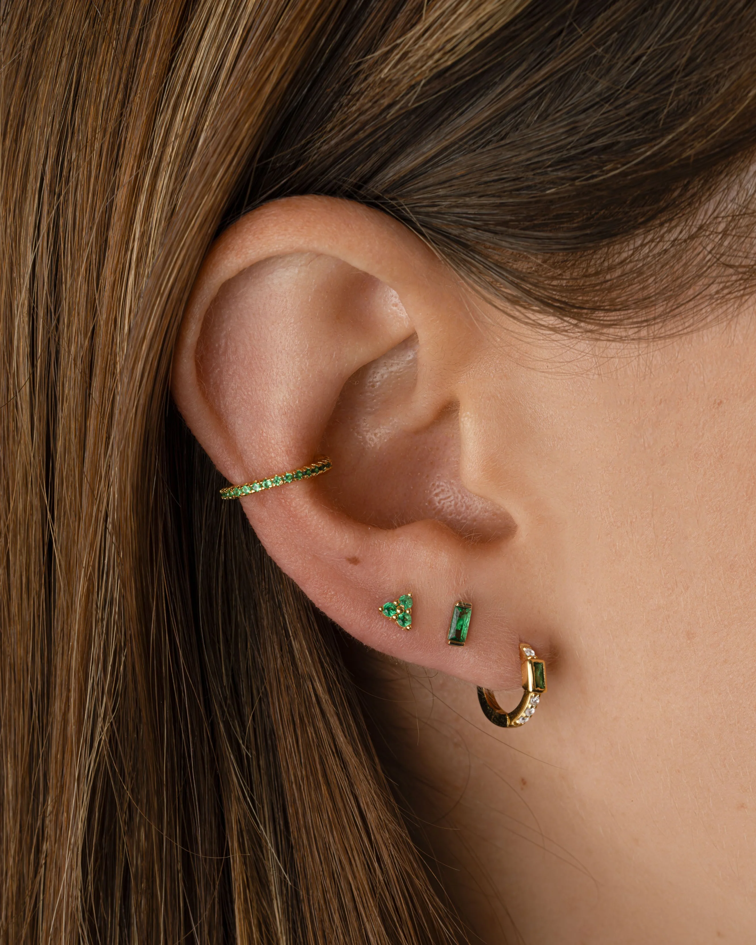 Tiny Emerald 3 Stone Studs - Image 2