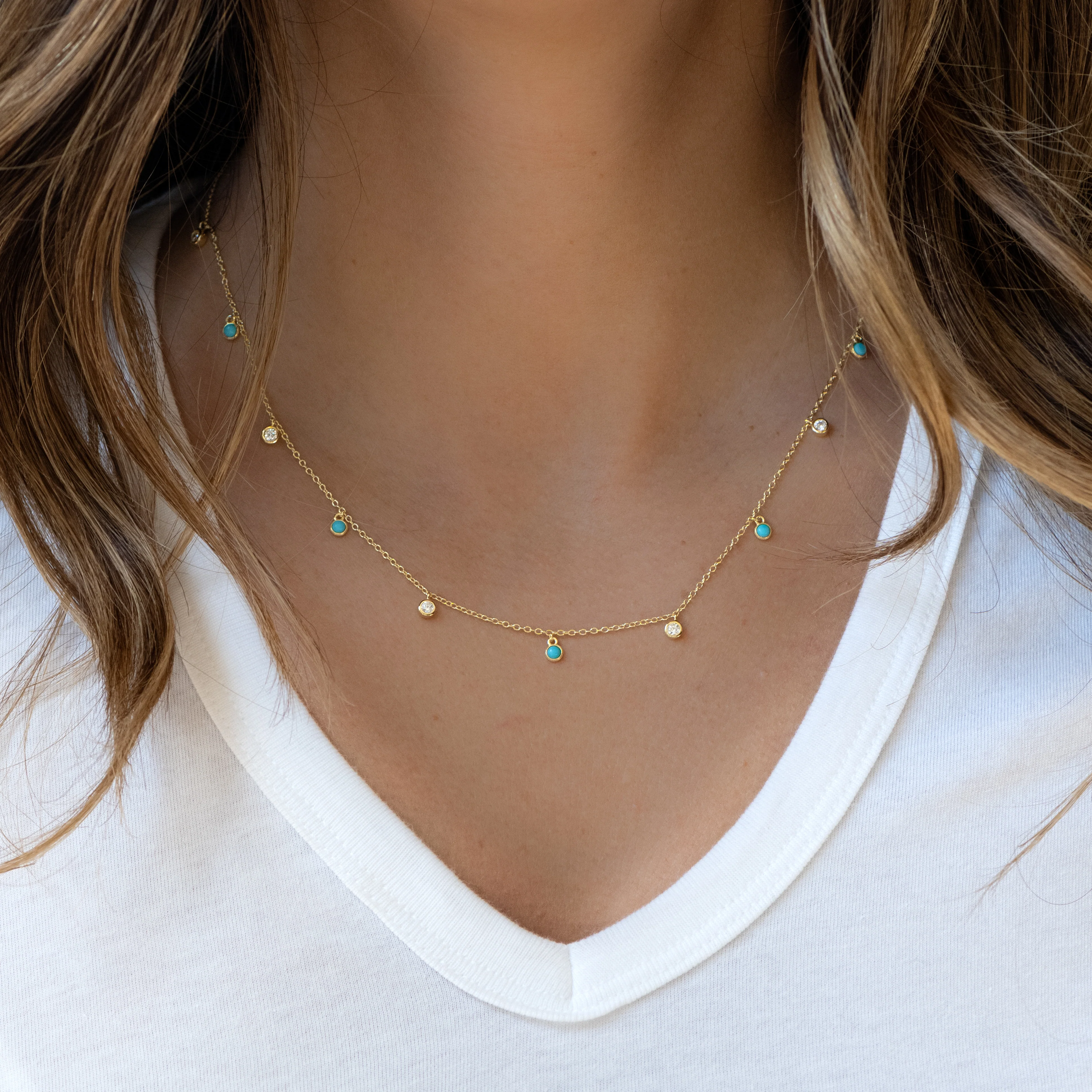 Turquoise & CZ Dangling Charm Necklace - Image 2